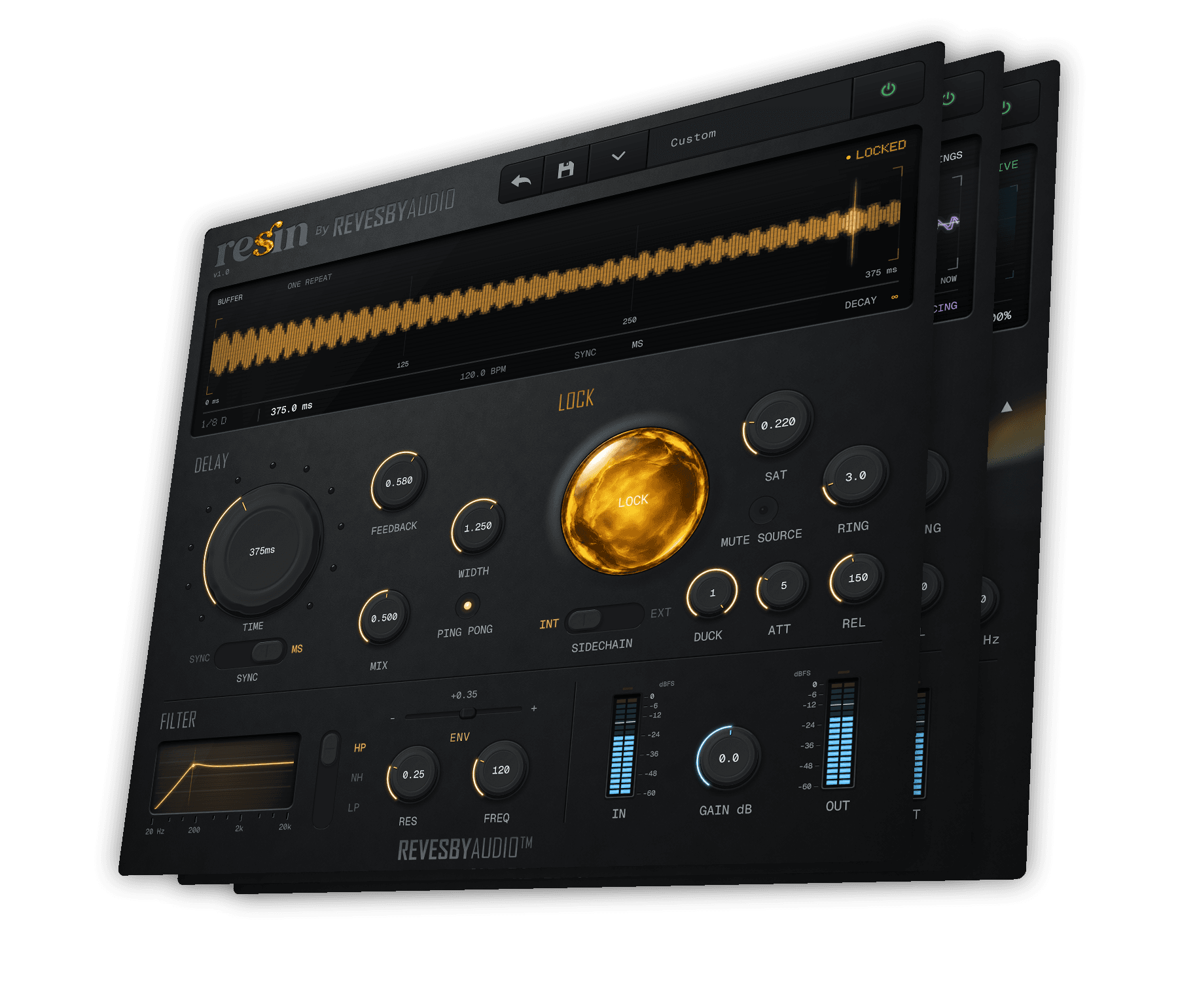 Three native plugin screenshots stacked in perspective: Resin on top, with Lacquer and Facet almost aligned behind it