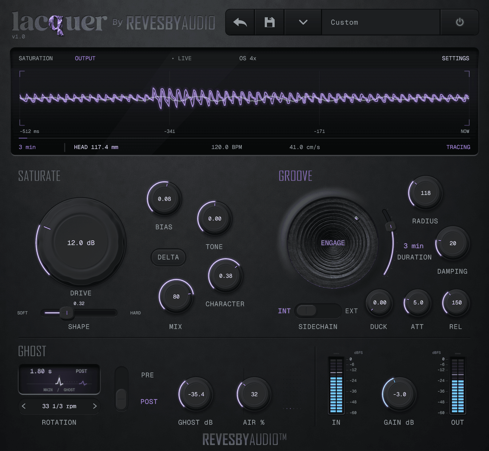 Lacquer plugin interface: a charcoal panel with an amethyst-lit groove display, the Drive dial and the Radius, Character, Damping and Ghost controls