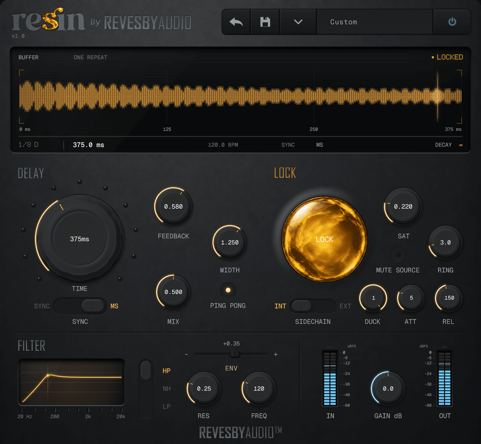 Resin plugin interface with Lock engaged: a charcoal panel, an amber-lit delay buffer frozen on screen, a large Time dial and the Lock control