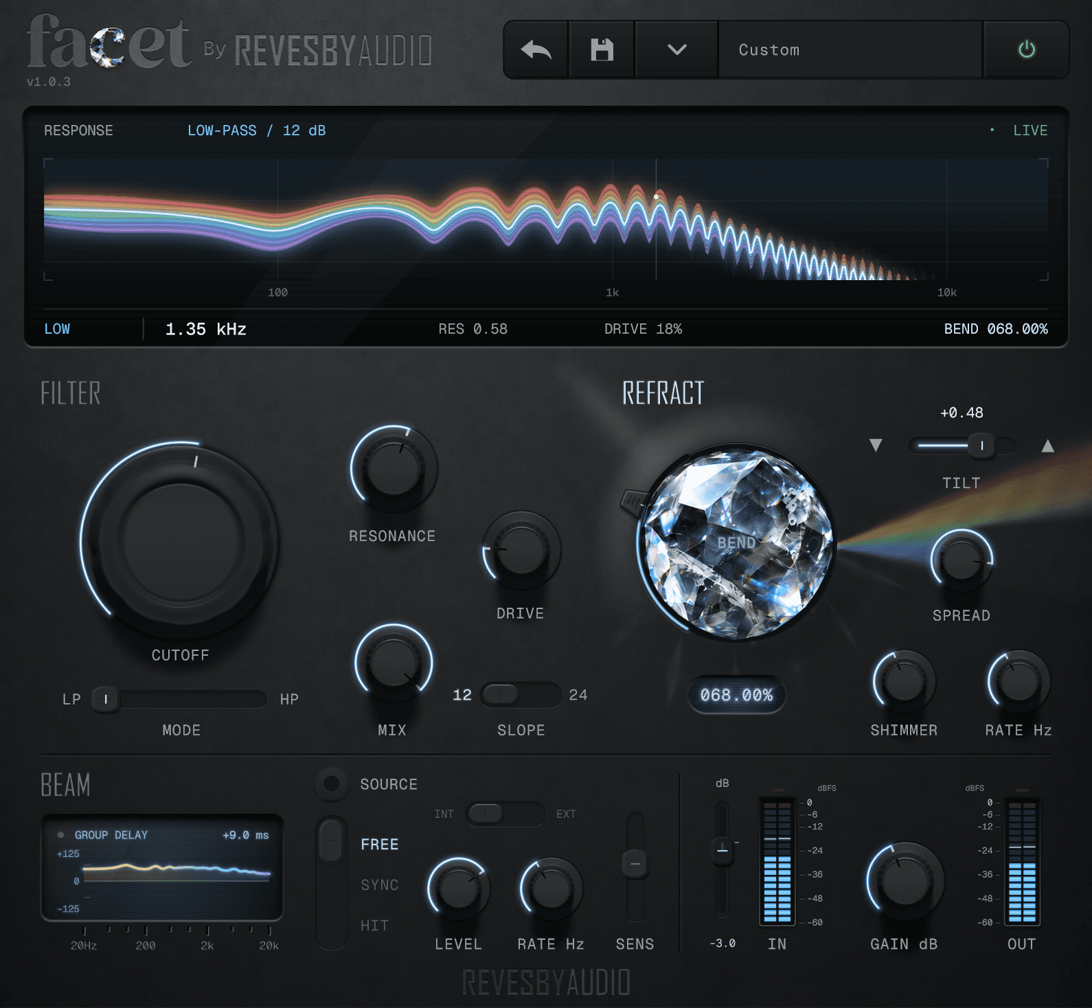 Facet plugin interface: a charcoal panel with an ice-blue response display, the Cutoff dial, the Bend crystal casting refracted light and the input gain slider