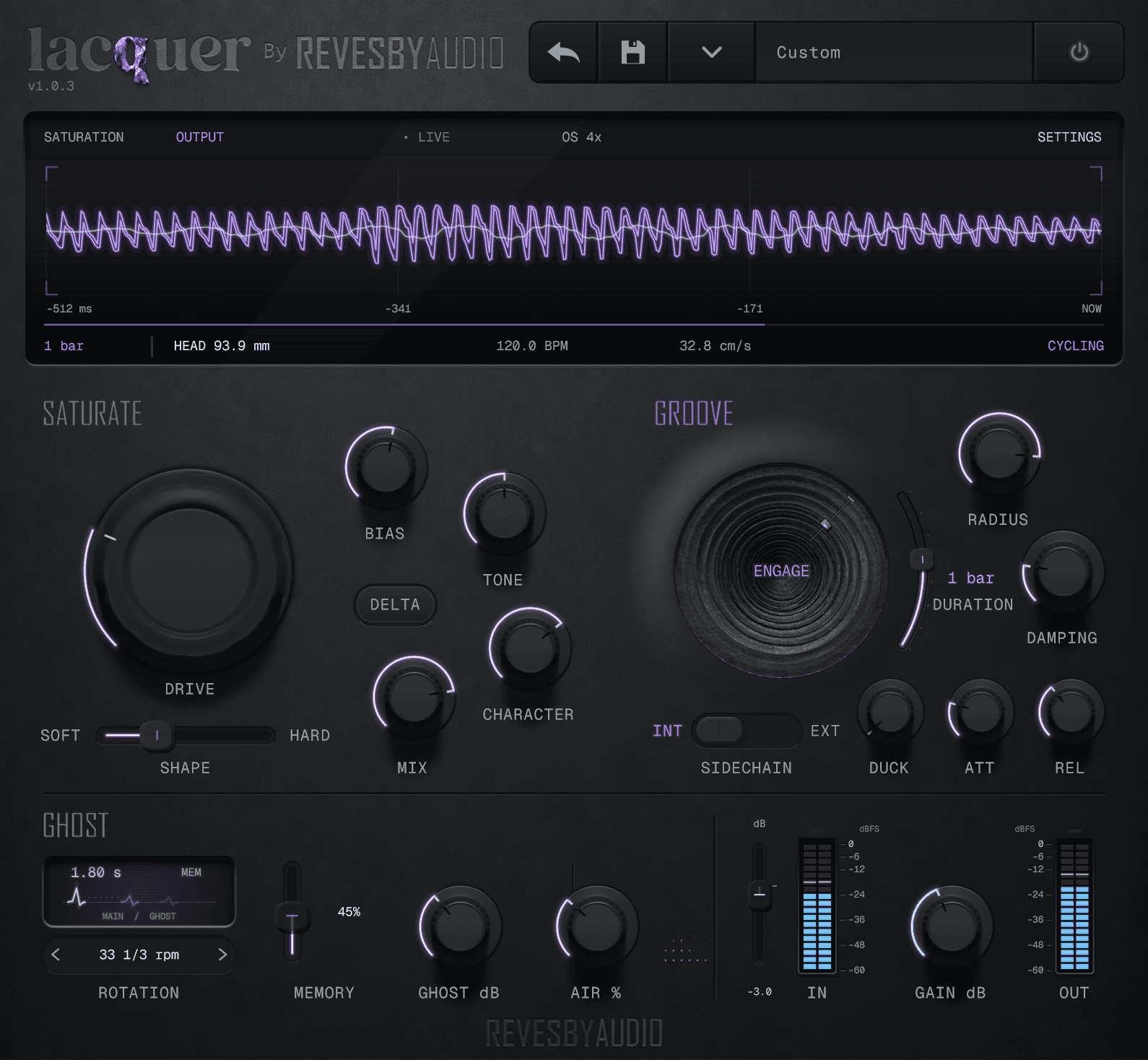 Lacquer full interface, showing the saturation, groove, Ghost and gain controls