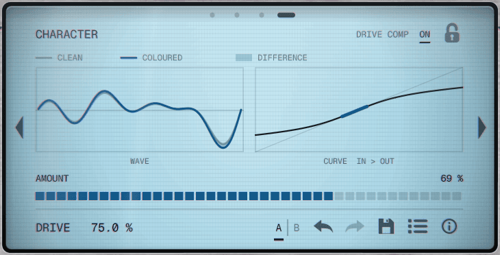 RD-01 Character page: a clean and coloured waveform with the Drive curve