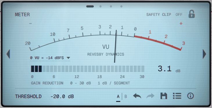 RD-01 Meter page: the VU meter and gain-reduction bar
