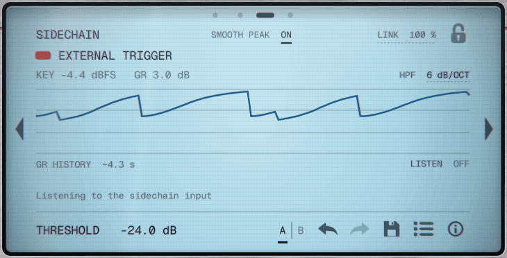 RD-01 Sidechain page: an external kick ducking the gain, shown as a gain-reduction history