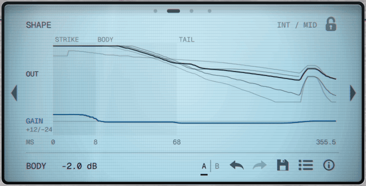 RD-02 Shape page: recent snare hits overlaid on the Strike, Body and Tail regions with the gain applied
