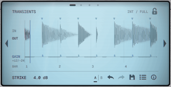 RD-02 Transients page: one bar of drums with every hit marked and the gain applied